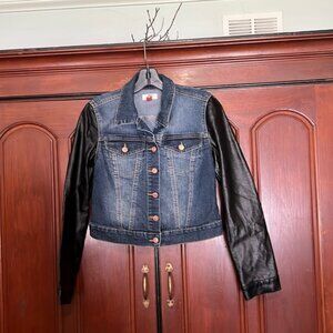 lei Button Down Jean Jacket With Black Vinyl Like Sleeves Junior Small